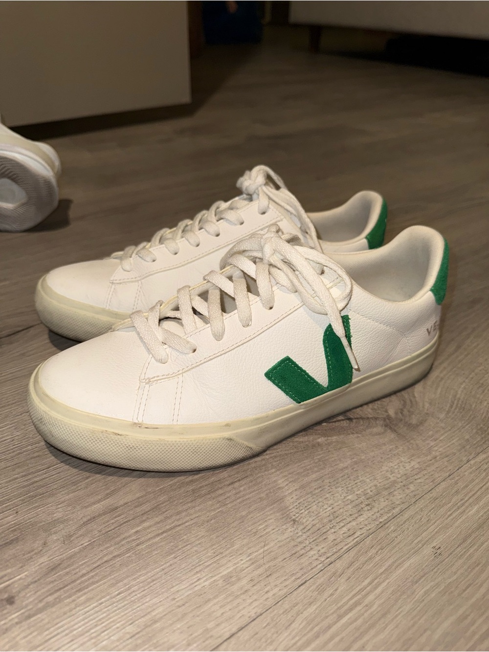 Veja White Leather Sneakers with Green V Accent
